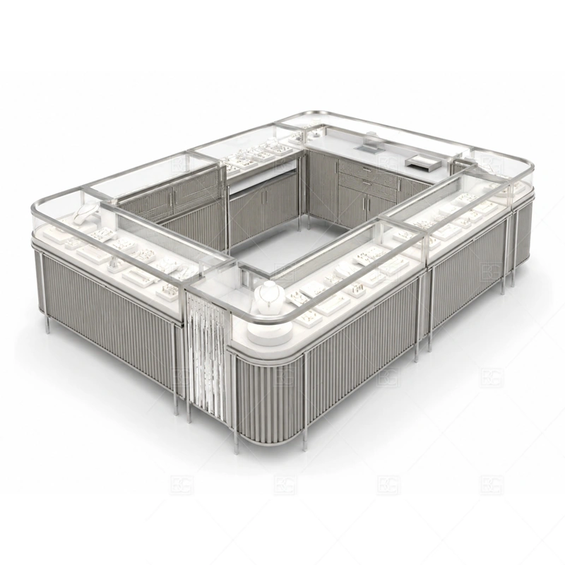 Silver Jewelry Kiosk with Ribbed Panels storage and security detail for under-counter tray drawers, lockable stock cabinets, POS space, and packaging storage planned for silver jewelry kiosk with ribbed panels