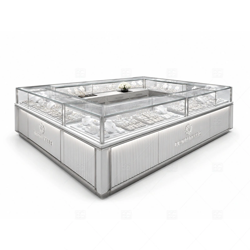 Silver Rounded Jewelry Kiosk with Glass Cases layout showing rounded island layout shown in the silver rounded jewelry kiosk with glass cases product photos, with corridor traffic where the front sign must be readable before shoppers pass the counter