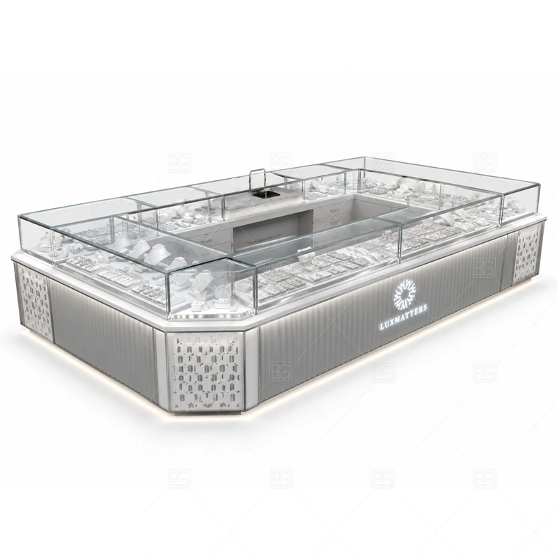 Silver Rounded Jewelry Kiosk with Glass Cases glass display detail for glass cases arranged along curved counters planned for rings, necklaces, watches, bracelets, gift sets, and small accessories in the silver rounded jewelry kiosk with glass cases layout