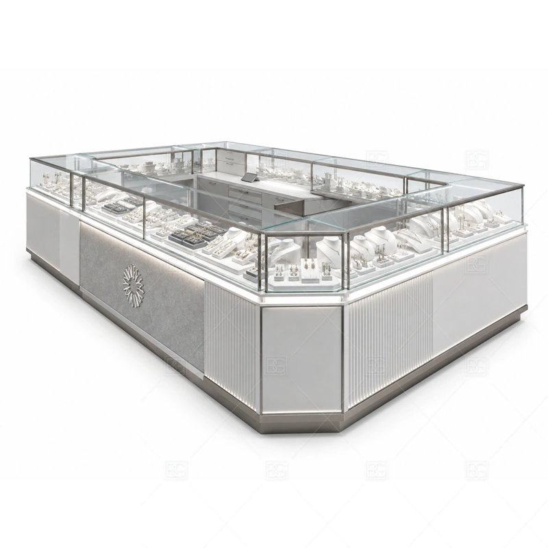 Silver Rounded Jewelry Kiosk with Glass Cases lighting detail for LED strips, showcase spotlights, and warmer jewelry lighting adjusted around silver finish, rounded cabinet panels, and tempered glass cases for the silver rounded jewelry kiosk with glass cases detail set