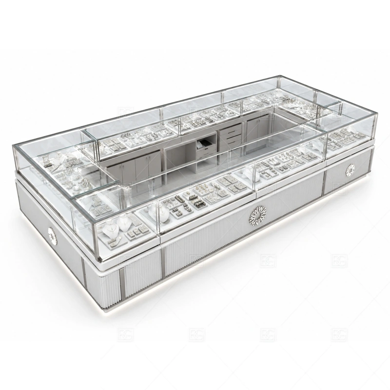 Silver Rounded Jewelry Kiosk with Glass Cases storage and security detail for under-counter tray drawers, lockable stock cabinets, POS space, and packaging storage planned for silver rounded jewelry kiosk with glass cases
