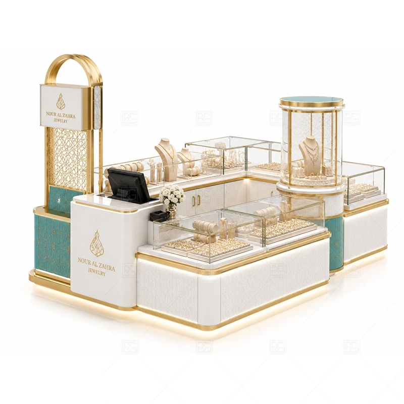 Turquoise Jewelry Kiosk with Glass Showcase with turquoise color accents for a distinctive young boutique style shown in the turquoise jewelry kiosk with glass showcase product photos, with glass showcase planning for secure jewelry display and clear product viewing