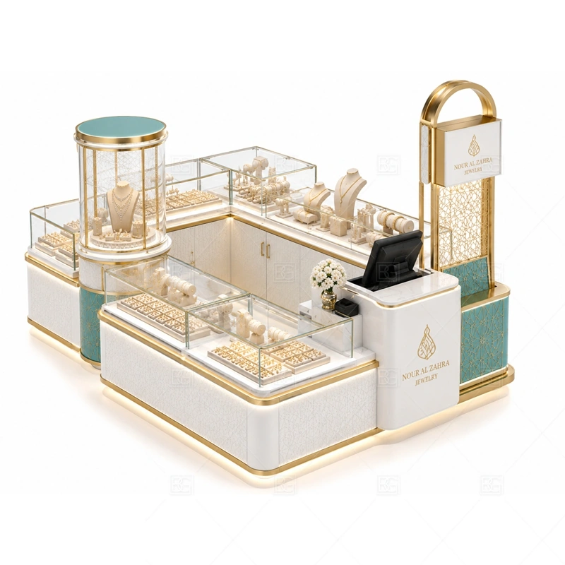 Turquoise Jewelry Kiosk with Glass Showcase layout showing color-led island counter layout shown in the turquoise jewelry kiosk with glass showcase product photos, with boutique mall traffic where shoppers need time to inspect small products closely