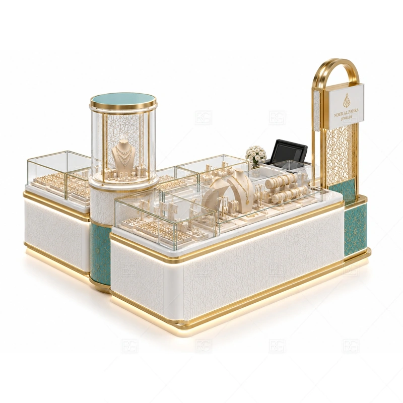 Turquoise Jewelry Kiosk with Glass Showcase glass display detail for glass showcase counters for jewelry and accessories planned for rings, necklaces, watches, bracelets, gift sets, and small accessories in the turquoise jewelry kiosk with glass showcase layout