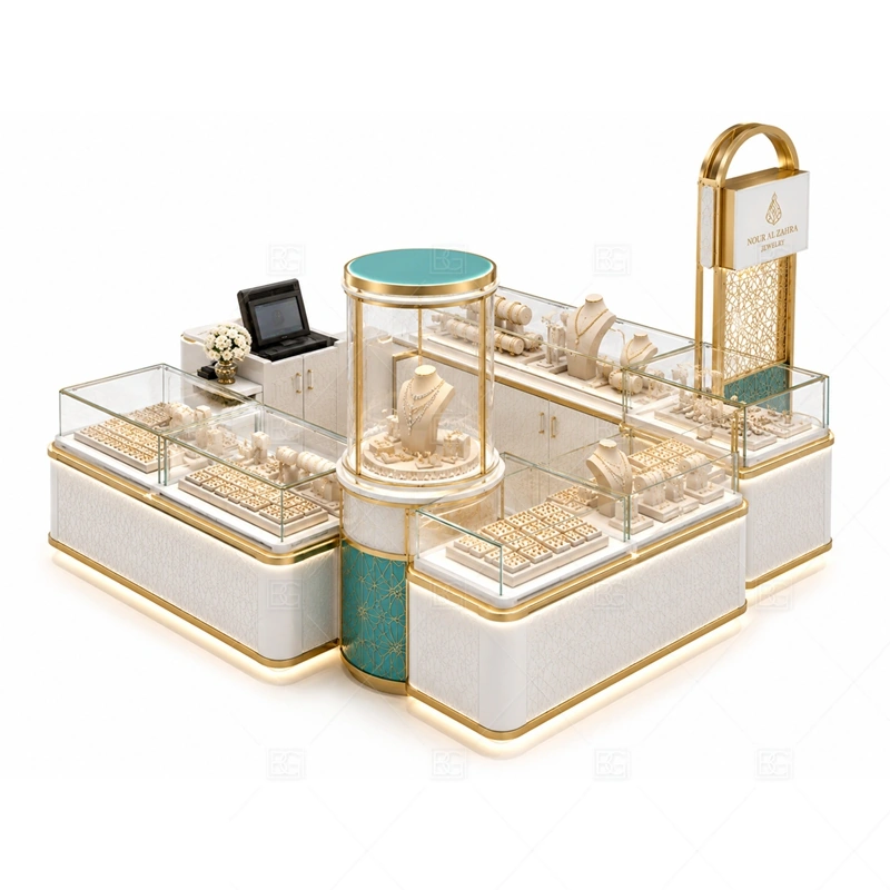Turquoise Jewelry Kiosk with Glass Showcase lighting detail for LED strips, showcase spotlights, and warmer jewelry lighting adjusted around turquoise panels, glass showcases, and metal fittings for the turquoise jewelry kiosk with glass showcase detail set