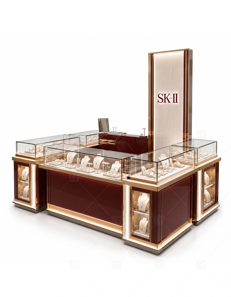 Walnut Jewelry Kiosk with Tall Logo Panel with walnut wood tone for a mature jewelry and watch display style shown in the walnut jewelry kiosk with tall logo panel product photos, with tall signage planning for long-distance mall visibility