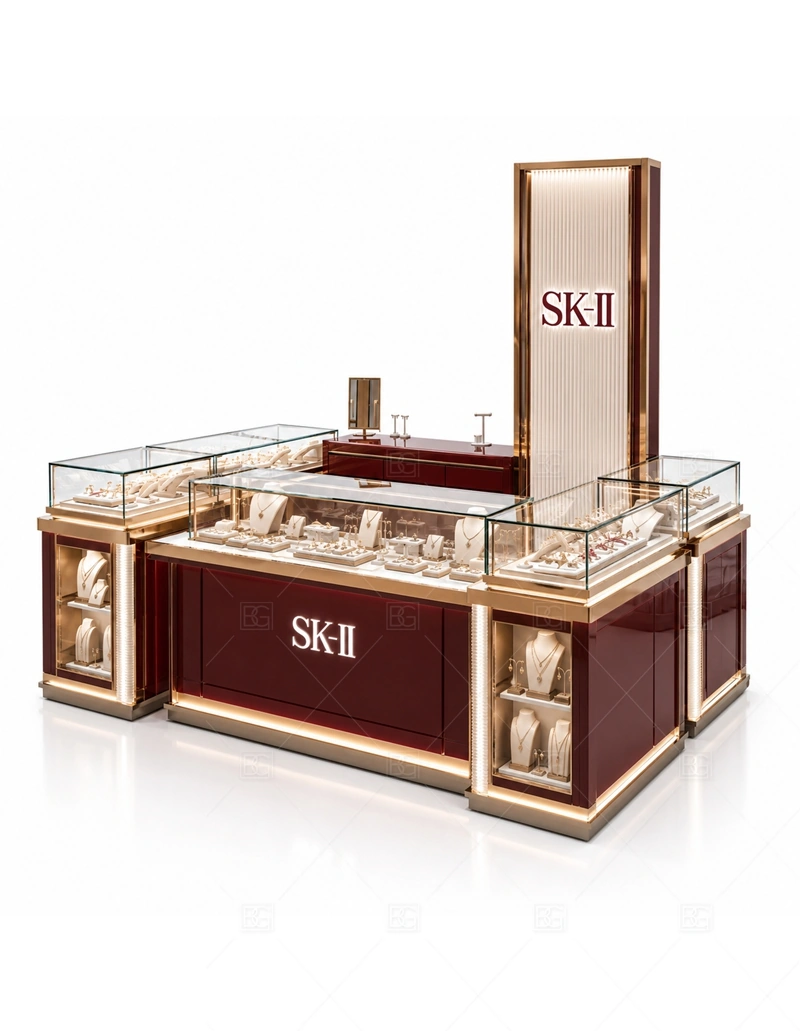 Walnut Jewelry Kiosk with Tall Logo Panel layout showing wood island layout with central logo panel shown in the walnut jewelry kiosk with tall logo panel product photos, with gift-shopping traffic where quick browsing and secure staff access need to work together