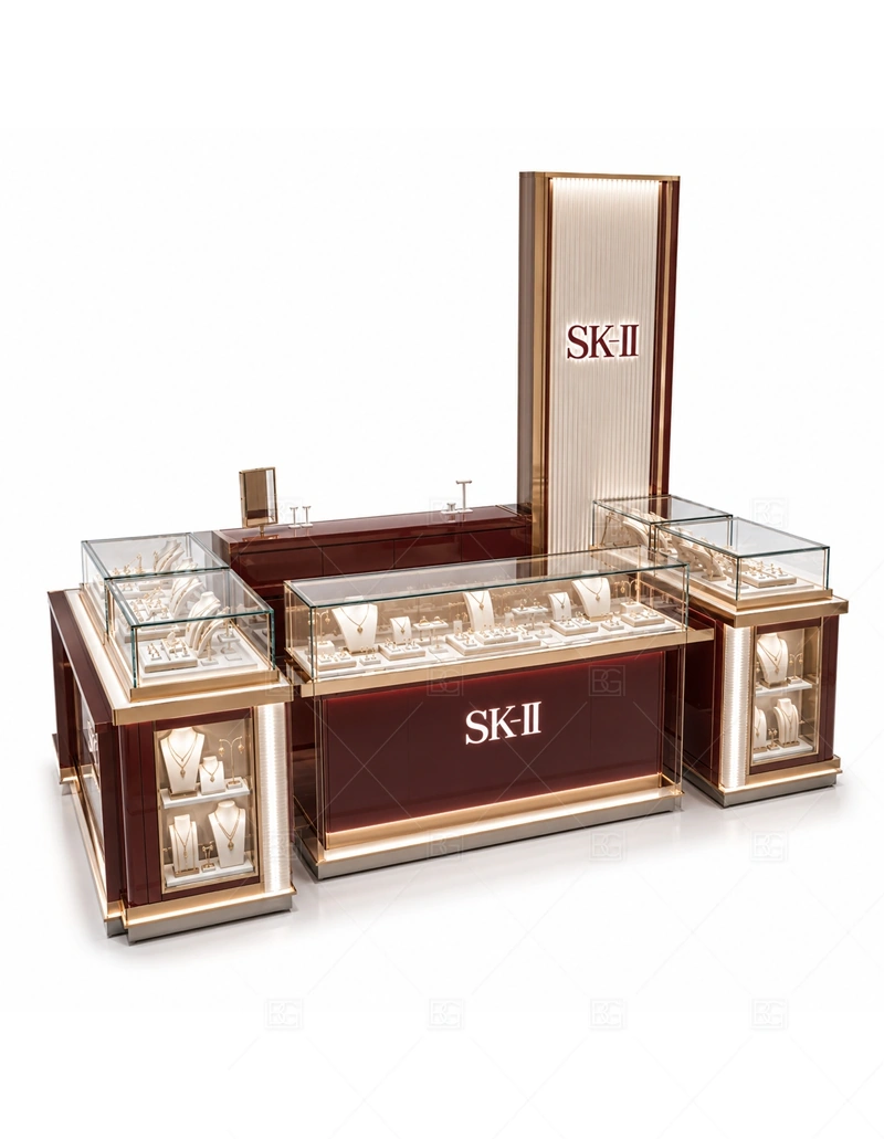 Walnut Jewelry Kiosk with Tall Logo Panel glass display detail for glass counter displays around a warm wood base planned for rings, necklaces, watches, bracelets, gift sets, and small accessories in the walnut jewelry kiosk with tall logo panel layout
