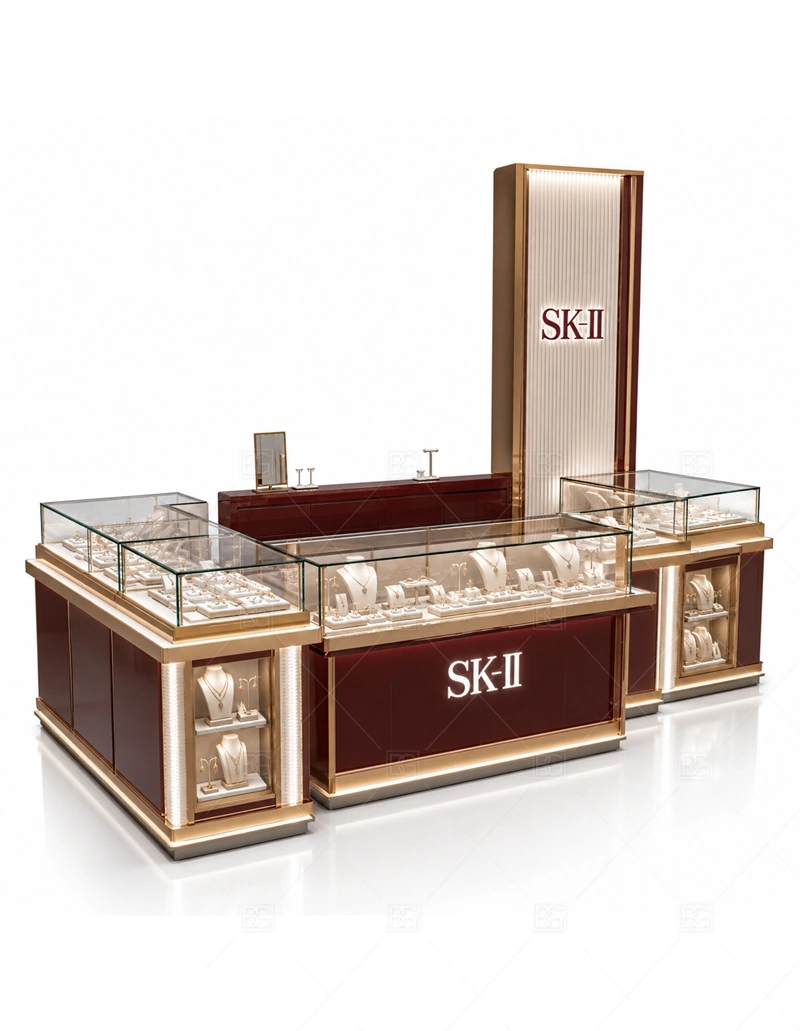 Walnut Jewelry Kiosk with Tall Logo Panel lighting detail for LED strips, showcase spotlights, and warmer jewelry lighting adjusted around walnut veneer, tempered glass, and metal trim for the walnut jewelry kiosk with tall logo panel detail set