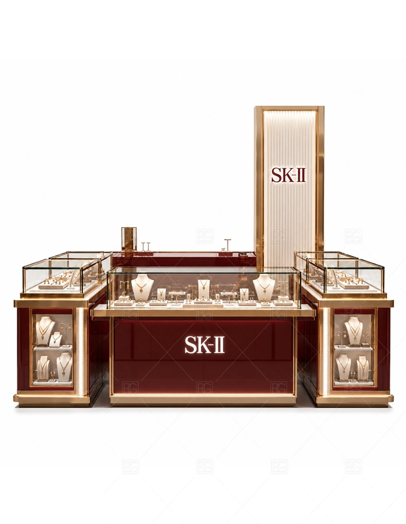 Walnut Jewelry Kiosk with Tall Logo Panel brand signage detail for tall logo panel for brand presence coordinated with walnut wood tone for a mature jewelry and watch display style for the walnut jewelry kiosk with tall logo panel front presentation