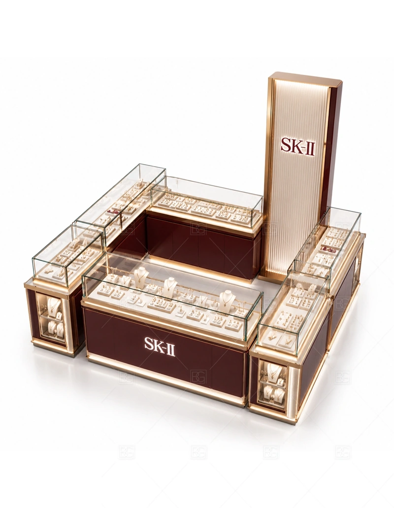 Walnut Jewelry Kiosk with Tall Logo Panel storage and security detail for under-counter tray drawers, lockable stock cabinets, POS space, and packaging storage planned for walnut jewelry kiosk with tall logo panel