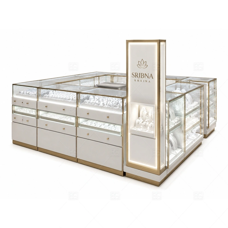 White Glass Jewelry Kiosk with Tall Logo Panel with white cabinet panels for a clean bright jewelry display shown in the white glass jewelry kiosk with tall logo panel product photos, with tall signage planning for long-distance mall visibility