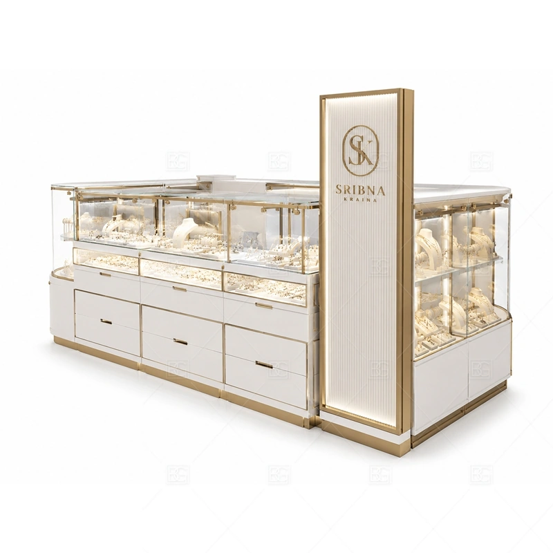 White Glass Jewelry Kiosk with Tall Logo Panel layout showing clean island layout with tall logo panel shown in the white glass jewelry kiosk with tall logo panel product photos, with center-court traffic with customers approaching from several sides
