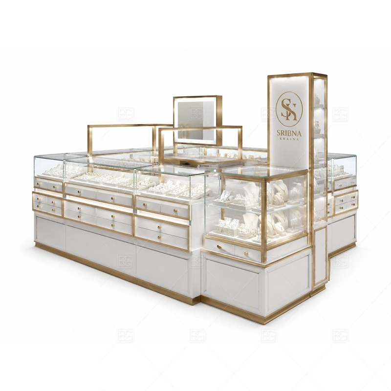 White Glass Jewelry Kiosk with Tall Logo Panel glass display detail for clear glass display counters planned for rings, necklaces, watches, bracelets, gift sets, and small accessories in the white glass jewelry kiosk with tall logo panel layout