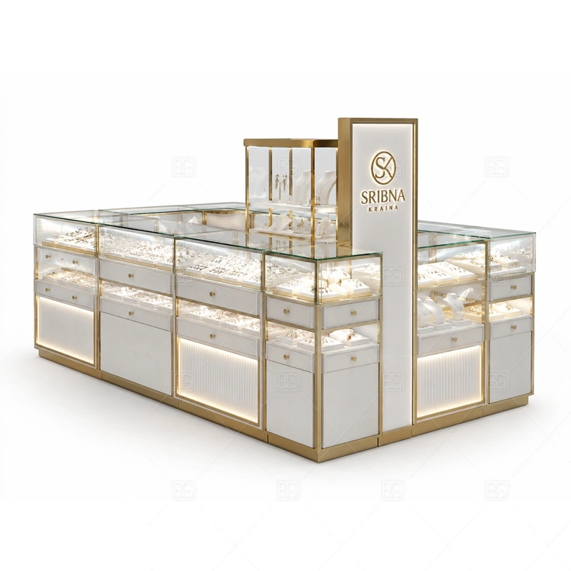 White Glass Jewelry Kiosk with Tall Logo Panel lighting detail for LED strips, showcase spotlights, and warmer jewelry lighting adjusted around white panels, glass showcases, and metal trim for the white glass jewelry kiosk with tall logo panel detail set