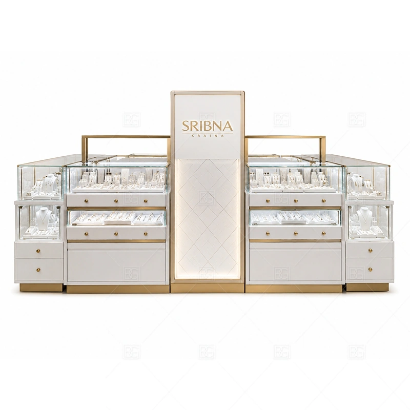 White Glass Jewelry Kiosk with Tall Logo Panel brand signage detail for tall logo panel for distance visibility coordinated with white cabinet panels for a clean bright jewelry display for the white glass jewelry kiosk with tall logo panel front presentation