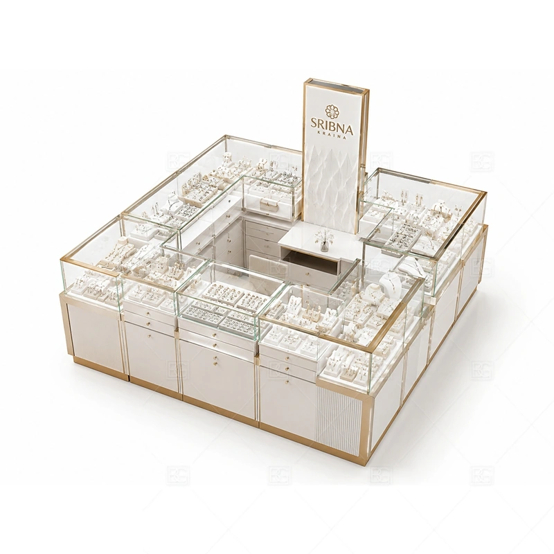 White Glass Jewelry Kiosk with Tall Logo Panel storage and security detail for under-counter tray drawers, lockable stock cabinets, POS space, and packaging storage planned for white glass jewelry kiosk with tall logo panel