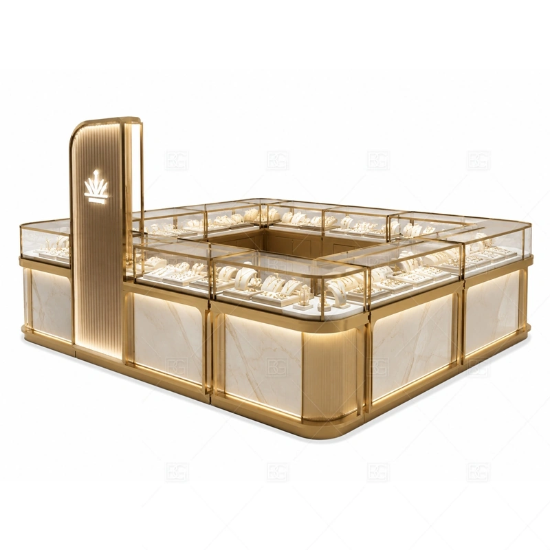White Gold Jewelry Kiosk with Arched Sign with warm gold accents for a premium jewelry presentation shown in the white gold jewelry kiosk with arched sign product photos, with arched signage for a softer boutique jewelry identity