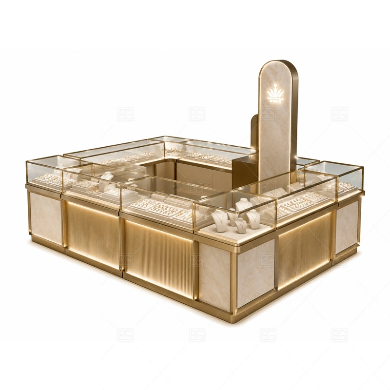 White Gold Jewelry Kiosk with Arched Sign layout showing island layout with arched brand feature shown in the white gold jewelry kiosk with arched sign product photos, with premium retail traffic where lighting, glass clarity, and brand finish affect purchase confidence
