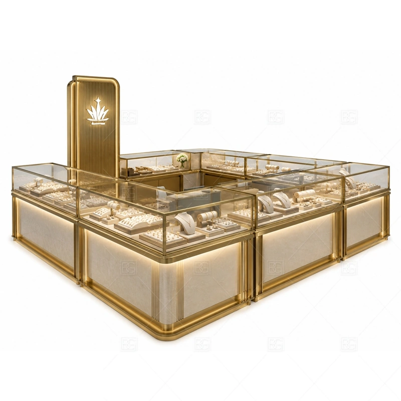 White Gold Jewelry Kiosk with Arched Sign glass display detail for glass showcase counters with warm light planned for rings, necklaces, watches, bracelets, gift sets, and small accessories in the white gold jewelry kiosk with arched sign layout