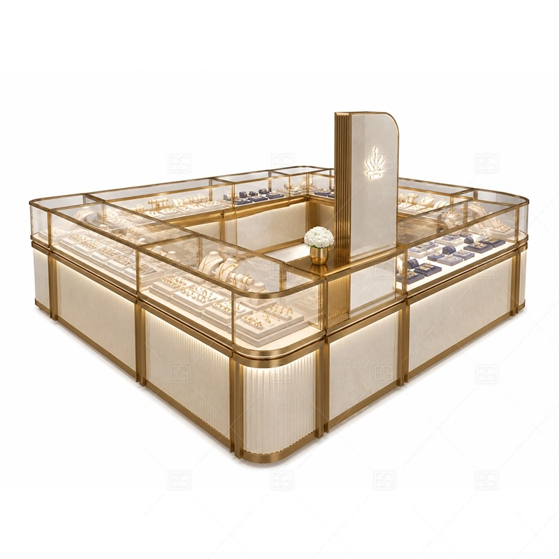 White Gold Jewelry Kiosk with Arched Sign lighting detail for LED strips, showcase spotlights, and warmer jewelry lighting adjusted around white panels, gold trim, glass counters, and arched sign structure for the white gold jewelry kiosk with arched sign detail set
