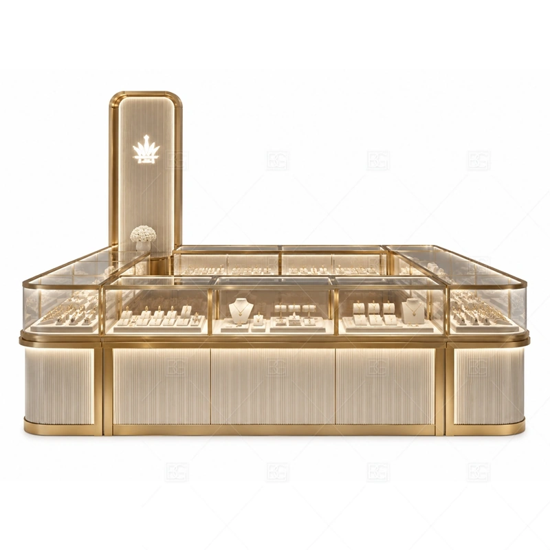 White Gold Jewelry Kiosk with Arched Sign brand signage detail for arched logo sign for a softer premium identity coordinated with warm gold accents for a premium jewelry presentation for the white gold jewelry kiosk with arched sign front presentation
