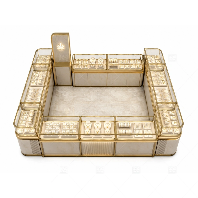 White Gold Jewelry Kiosk with Arched Sign storage and security detail for under-counter tray drawers, lockable stock cabinets, POS space, and packaging storage planned for white gold jewelry kiosk with arched sign