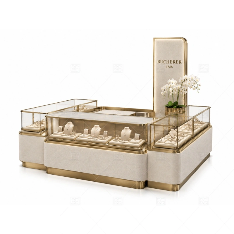 White Gold Jewelry Kiosk with Corner Flower Display with warm gold accents for a premium jewelry presentation shown in the white gold jewelry kiosk with corner flower display product photos, with decorative corner display planning for gifting and fashion jewelry appeal