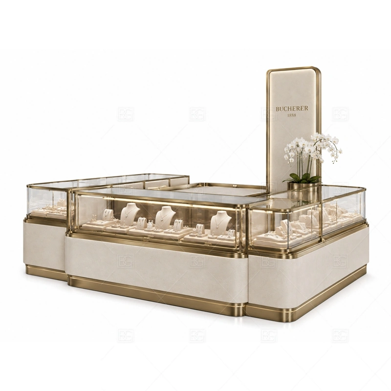 White Gold Jewelry Kiosk with Corner Flower Display layout showing island layout with corner feature display shown in the white gold jewelry kiosk with corner flower display product photos, with premium retail traffic where lighting, glass clarity, and brand finish affect purchase confidence