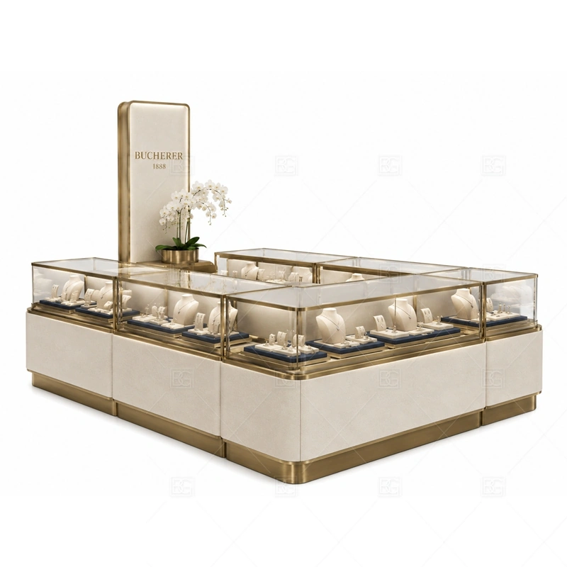 White Gold Jewelry Kiosk with Corner Flower Display glass display detail for glass counters plus a decorative flower display zone planned for rings, necklaces, watches, bracelets, gift sets, and small accessories in the white gold jewelry kiosk with corner flower display layout