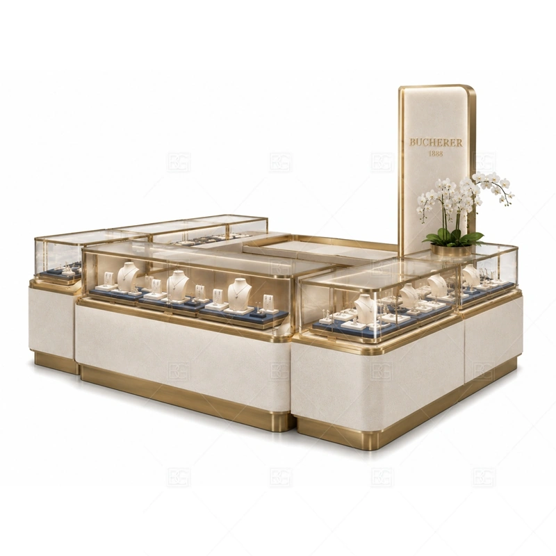 White Gold Jewelry Kiosk with Corner Flower Display lighting detail for LED strips, showcase spotlights, and warmer jewelry lighting adjusted around white panels, gold trim, glass showcases, and decorative display corner for the white gold jewelry kiosk with corner flower display detail set