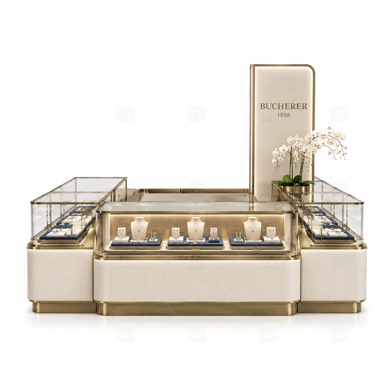 White Gold Jewelry Kiosk with Corner Flower Display brand signage detail for logo accents and soft decorative branding coordinated with warm gold accents for a premium jewelry presentation for the white gold jewelry kiosk with corner flower display front presentation