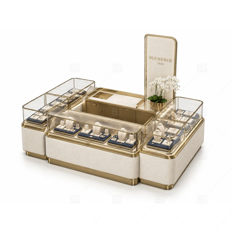 White Gold Jewelry Kiosk with Corner Flower Display storage and security detail for under-counter tray drawers, lockable stock cabinets, POS space, and packaging storage planned for white gold jewelry kiosk with corner flower display