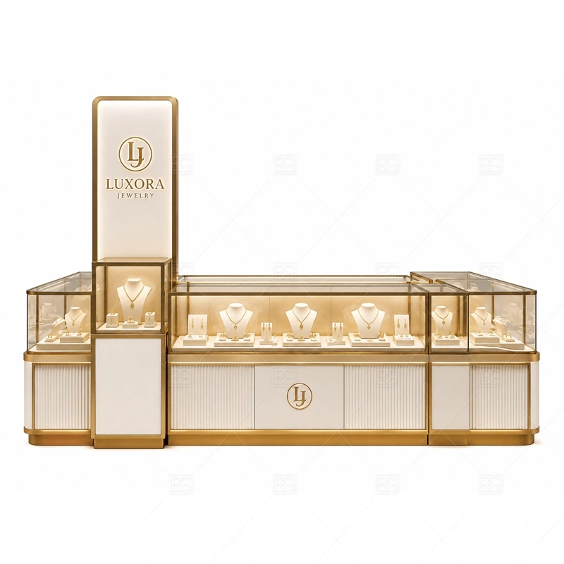 White Gold Jewelry Kiosk with Front Display with warm gold accents for a premium jewelry presentation shown in the white gold jewelry kiosk with front display product photos, with balanced glass counter planning for jewelry, watch, and accessory display