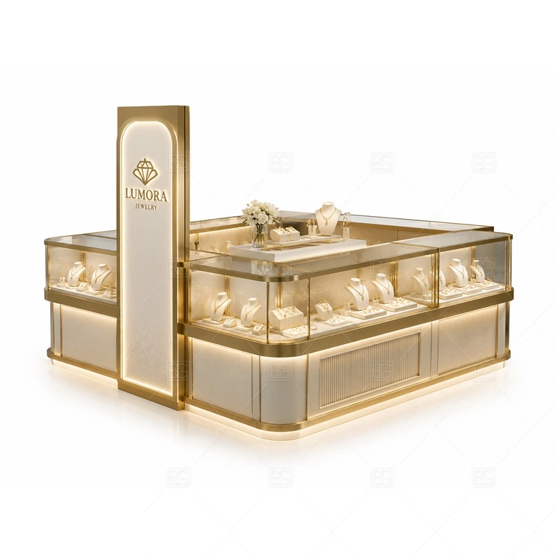 White Gold Jewelry Kiosk with Front Display layout showing front-focused island counter layout shown in the white gold jewelry kiosk with front display product photos, with premium retail traffic where lighting, glass clarity, and brand finish affect purchase confidence