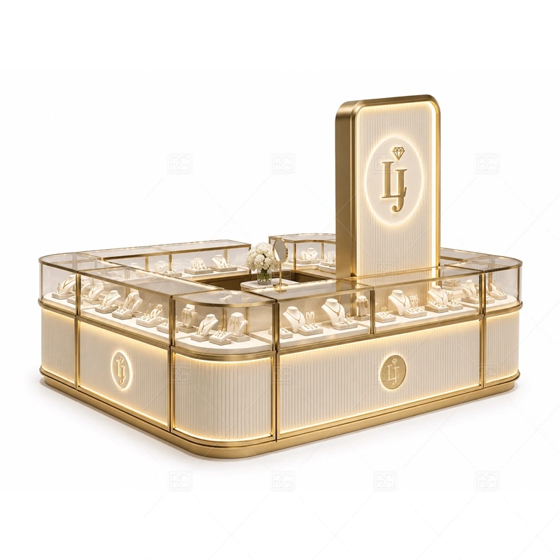 White Gold Jewelry Kiosk with Front Display glass display detail for front glass display counters for hero products planned for rings, necklaces, watches, bracelets, gift sets, and small accessories in the white gold jewelry kiosk with front display layout