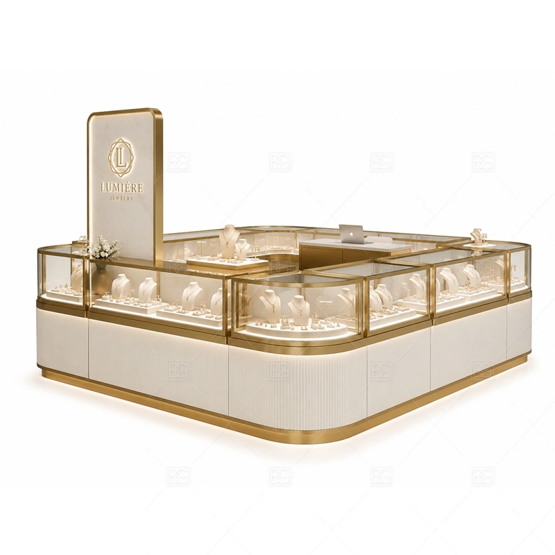 White Gold Jewelry Kiosk with Front Display lighting detail for LED strips, showcase spotlights, and warmer jewelry lighting adjusted around white cabinet panels, gold trim, and glass front showcases for the white gold jewelry kiosk with front display detail set