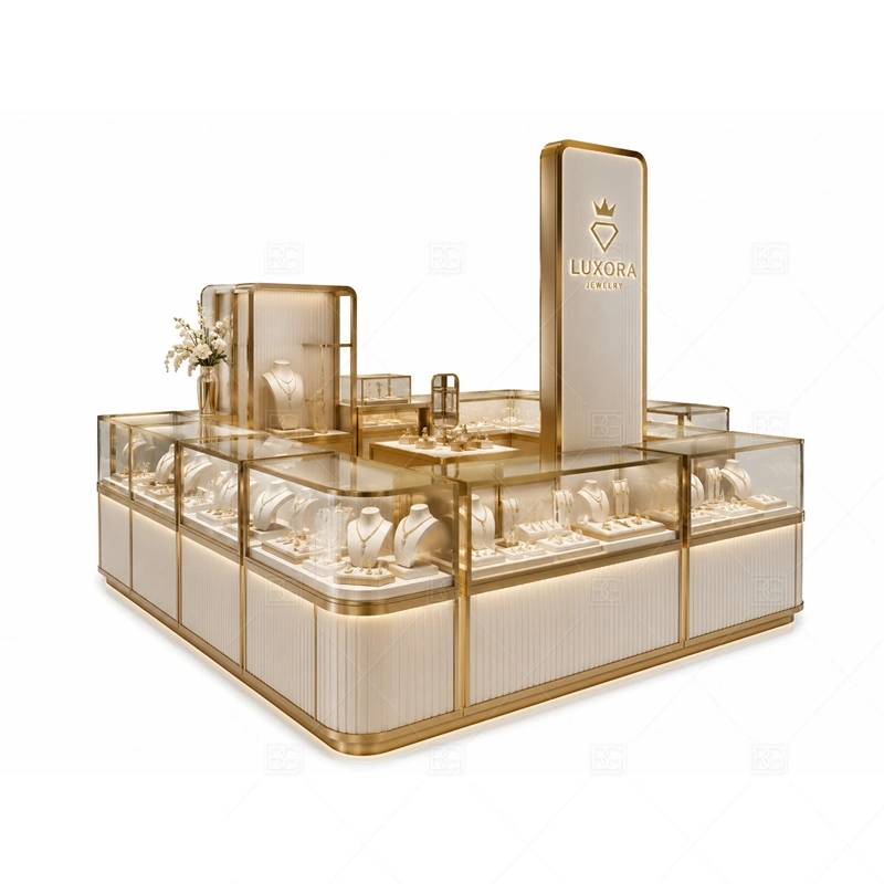 White Gold Jewelry Kiosk with Front Display brand signage detail for front logo panel and clean illuminated branding coordinated with warm gold accents for a premium jewelry presentation for the white gold jewelry kiosk with front display front presentation