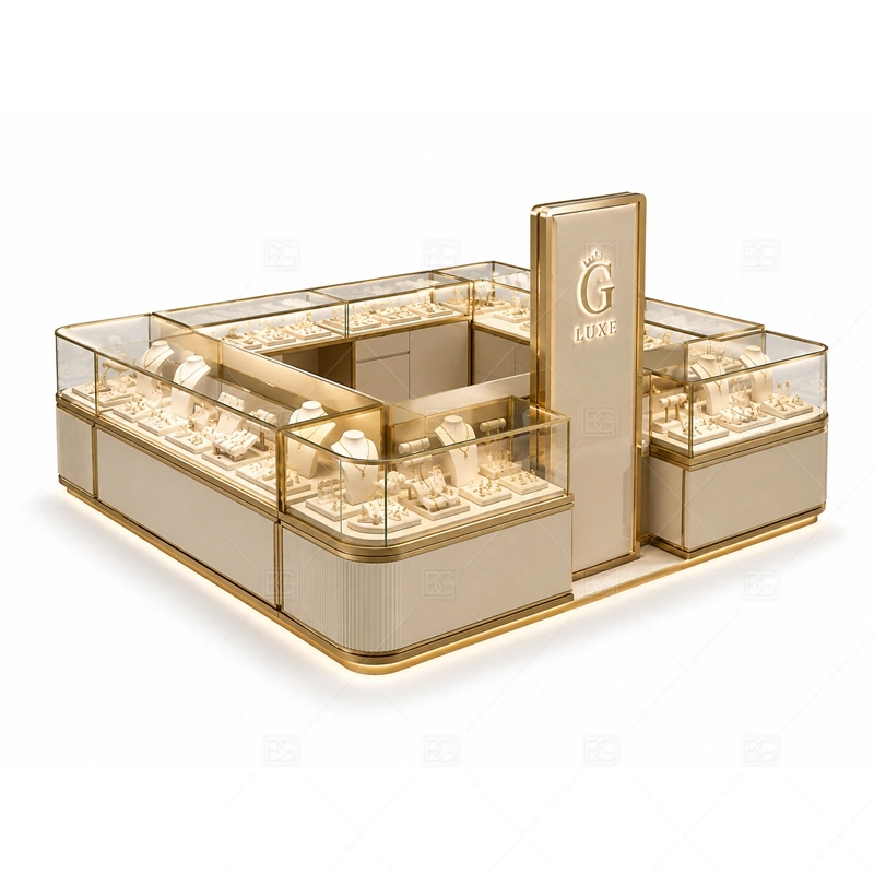 White Gold Jewelry Kiosk with Front Display storage and security detail for under-counter tray drawers, lockable stock cabinets, POS space, and packaging storage planned for white gold jewelry kiosk with front display