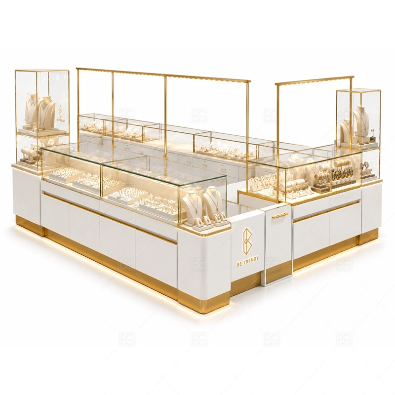 White and gold retail jewelry kiosk with glass display counters on white background