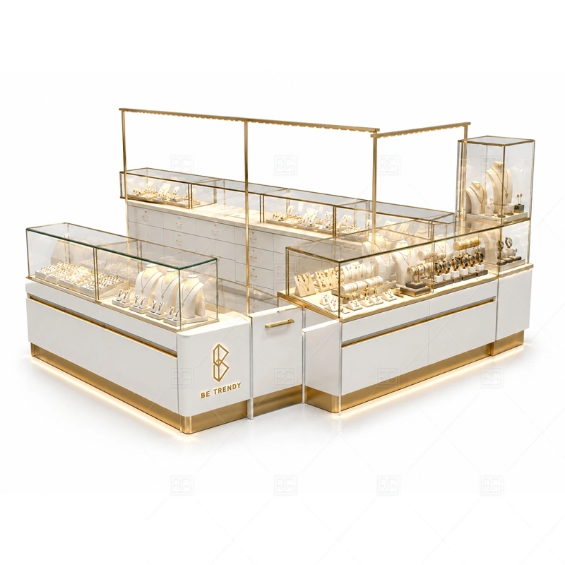 White Gold Jewelry Kiosk with Glass Counters layout showing premium island counter layout shown in the white gold jewelry kiosk with glass counters product photos, with gift-shopping traffic where quick browsing and secure staff access need to work together