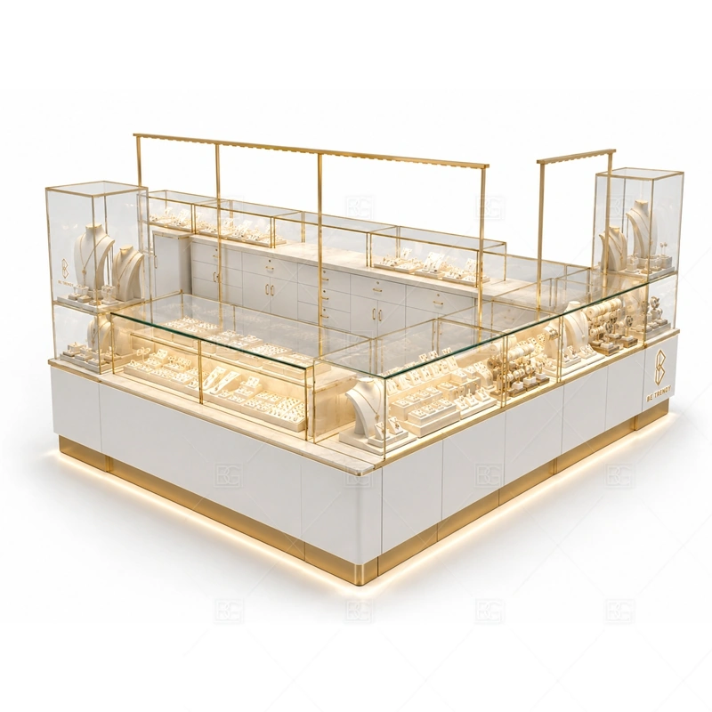 White Gold Jewelry Kiosk with Glass Counters glass display detail for glass counters on several customer-facing sides planned for rings, necklaces, watches, bracelets, gift sets, and small accessories in the white gold jewelry kiosk with glass counters layout