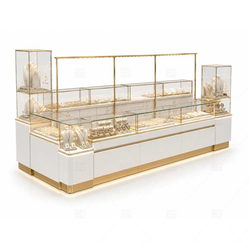 White Gold Jewelry Kiosk with Glass Counters lighting detail for LED strips, showcase spotlights, and warmer jewelry lighting adjusted around white panels, gold trim, and tempered glass counters for the white gold jewelry kiosk with glass counters detail set