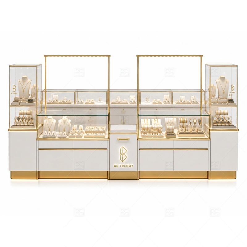 White Gold Jewelry Kiosk with Glass Counters brand signage detail for gold logo accents and front brand panels coordinated with warm gold accents for a premium jewelry presentation for the white gold jewelry kiosk with glass counters front presentation