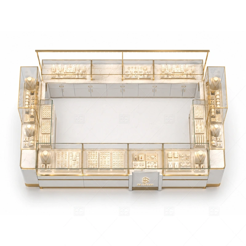 White Gold Jewelry Kiosk with Glass Counters storage and security detail for under-counter tray drawers, lockable stock cabinets, POS space, and packaging storage planned for white gold jewelry kiosk with glass counters