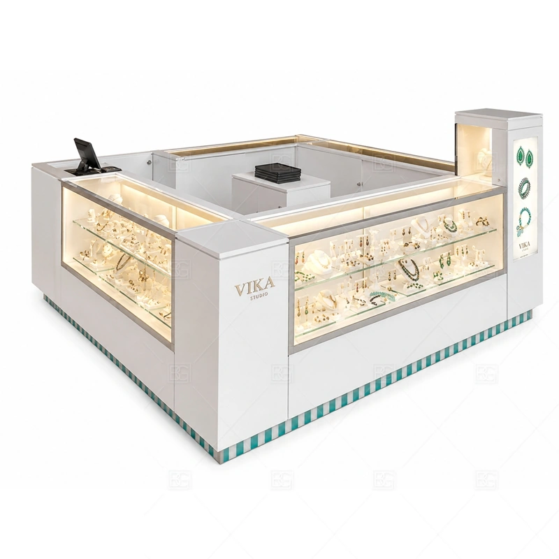 White Jewelry Kiosk with Lighted Display Counter with white cabinet panels for a clean bright jewelry display shown in the white jewelry kiosk with lighted display counter product photos, with balanced glass counter planning for jewelry, watch, and accessory display