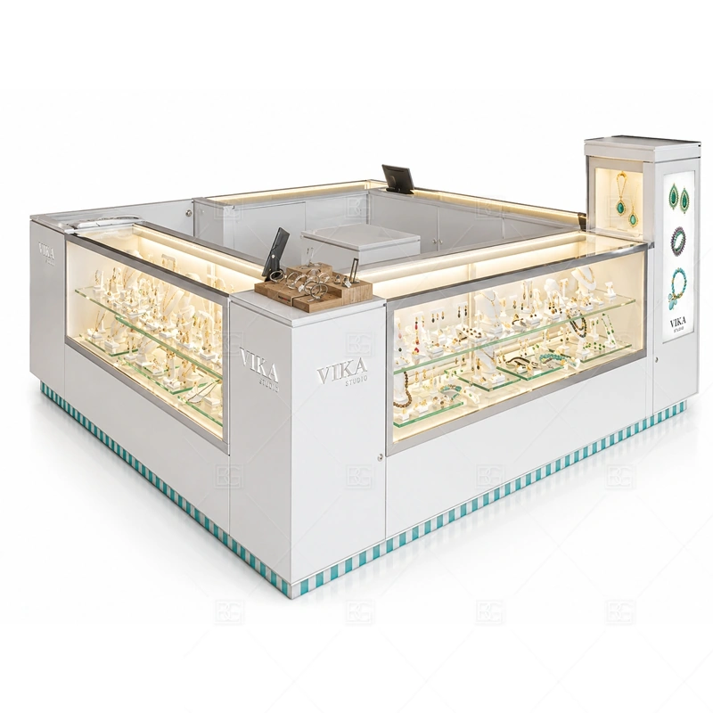 White Jewelry Kiosk with Lighted Display Counter layout showing light-focused display counter layout shown in the white jewelry kiosk with lighted display counter product photos, with boutique mall traffic where shoppers need time to inspect small products closely