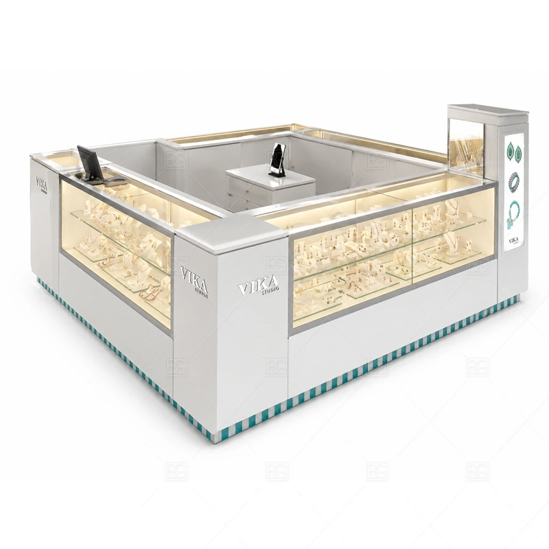 White Jewelry Kiosk with Lighted Display Counter glass display detail for lighted glass showcases for jewelry details planned for rings, necklaces, watches, bracelets, gift sets, and small accessories in the white jewelry kiosk with lighted display counter layout