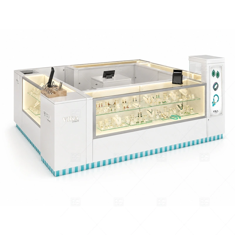 White Jewelry Kiosk with Lighted Display Counter lighting detail for LED strips, showcase spotlights, and warmer jewelry lighting adjusted around white panels, illuminated glass counters, and metal fittings for the white jewelry kiosk with lighted display counter detail set