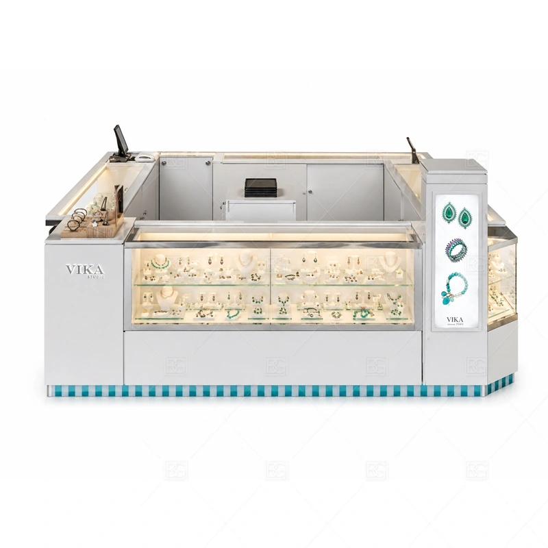 White Jewelry Kiosk with Lighted Display Counter brand signage detail for minimal logo area with optional illuminated brand sign coordinated with white cabinet panels for a clean bright jewelry display for the white jewelry kiosk with lighted display counter front presentation